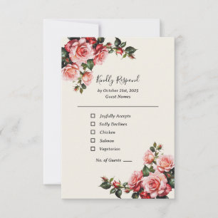 Elegant pink and red roses floral wedding RSVP card