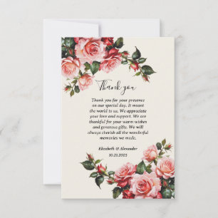 Elegant pink and red roses floral wedding  thank you card