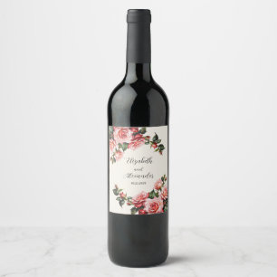 Elegant pink and red roses floral wedding wine label
