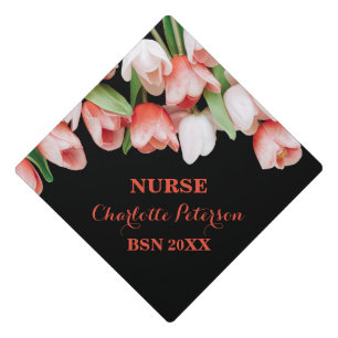 Elegant Pink and Red Tulip Flowers Nurse Graduation Cap Topper