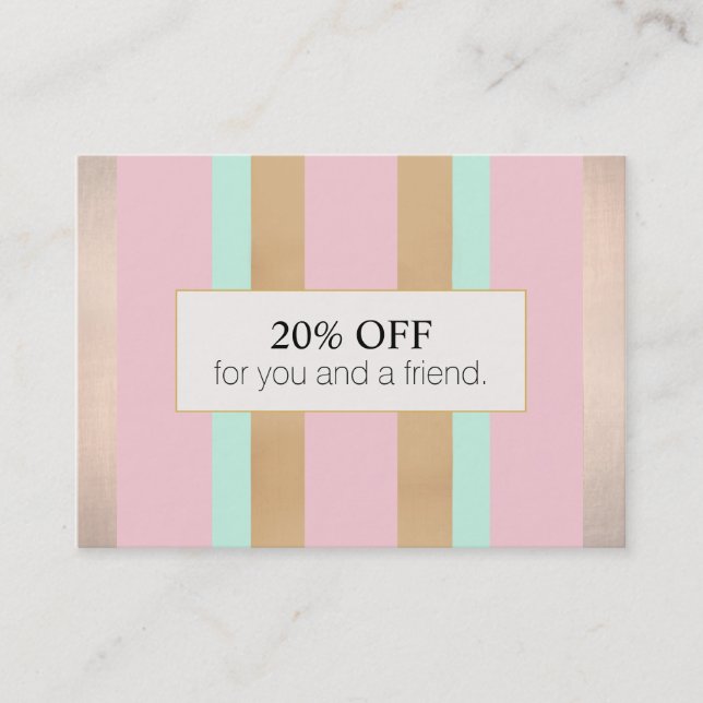 Elegant Pink and Rose Gold Striped Salon Referral (Front)