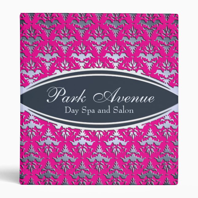 Elegant Pink and Silver Damask Beauty Salon Binder (Front)