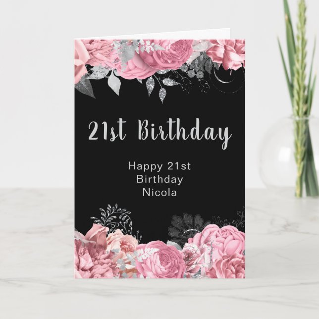 Elegant Pink and Silver Flowers Birthday Card (Front)