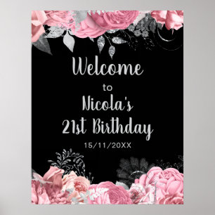 Elegant Pink and Silver Flowers Birthday Part Poster