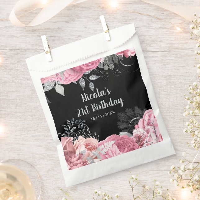 Elegant Pink and Silver Flowers Birthday Party Favour Bag (Clipped)