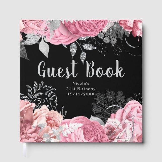 Elegant Pink and Silver Flowers Birthday Party Guest Book (Front)
