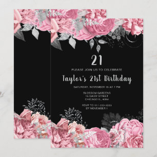Elegant Pink and Silver Flowers Birthday Party Invitation