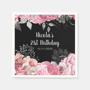 Elegant Pink and Silver Flowers Birthday Party Napkin