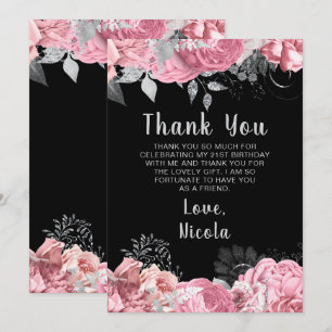 Elegant Pink and Silver Flowers Birthday Party Thank You Card