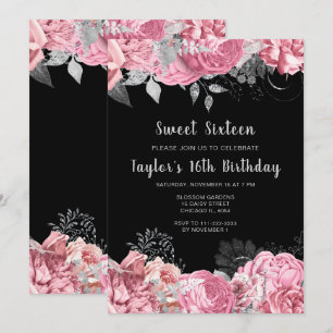 Elegant Pink and Silver Flowers Sweet Sixteen Invitation