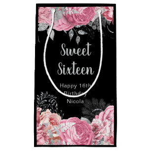 Elegant Pink and Silver Flowers Sweet Sixteen Small Gift Bag