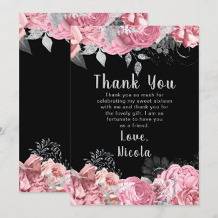 Elegant Pink and Silver Flowers Sweet Sixteen Thank You Card