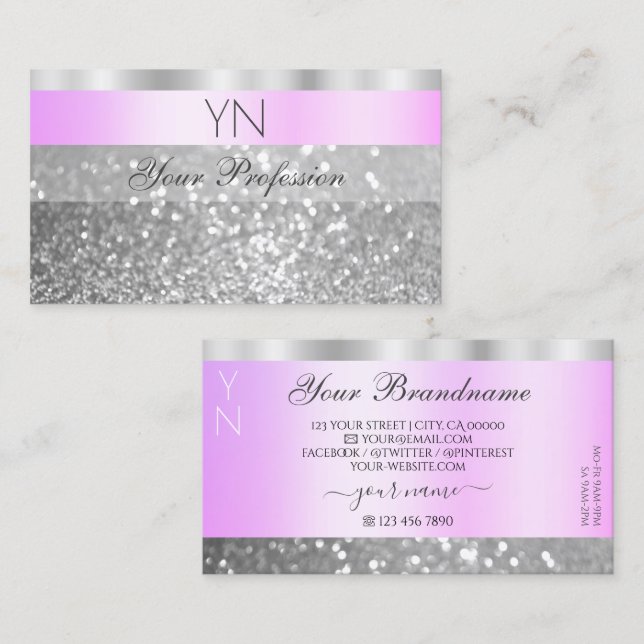 Elegant Pink and Silver Sparkling Glitter Monogram Business Card (Front/Back)