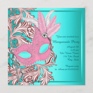 Elegant Pink and Teal Blue Masquerade Party Invitation