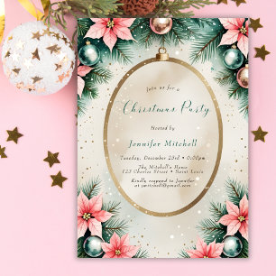 Elegant Pink and Teal Poinsettia Christmas Party Invitation