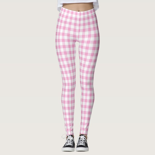Elegant Pink and White Gingham Pattern  Leggings (Front)