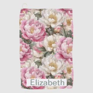 Elegant Pink and White Peony Personalized Golf Towel