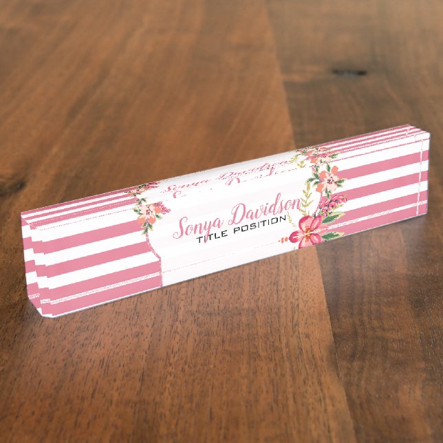 Elegant Pink And White Stripes Nameplate (Side)