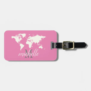 Elegant Pink and White Travel World-Map,Airplane Luggage Tag