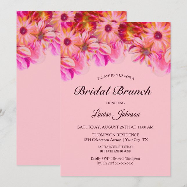 Elegant Pink and Yellow Floral Bridal Brunch Invitation (Front/Back)