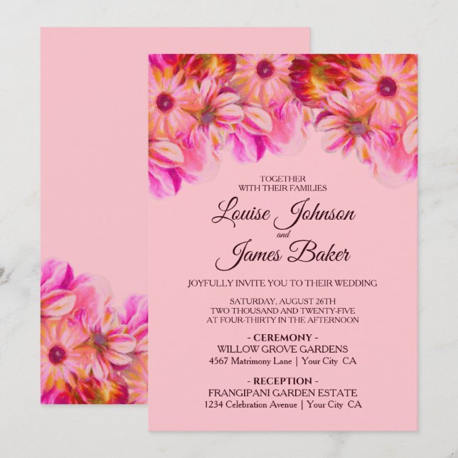 Elegant Pink and Yellow Floral Wedding Invitation (Front/Back)