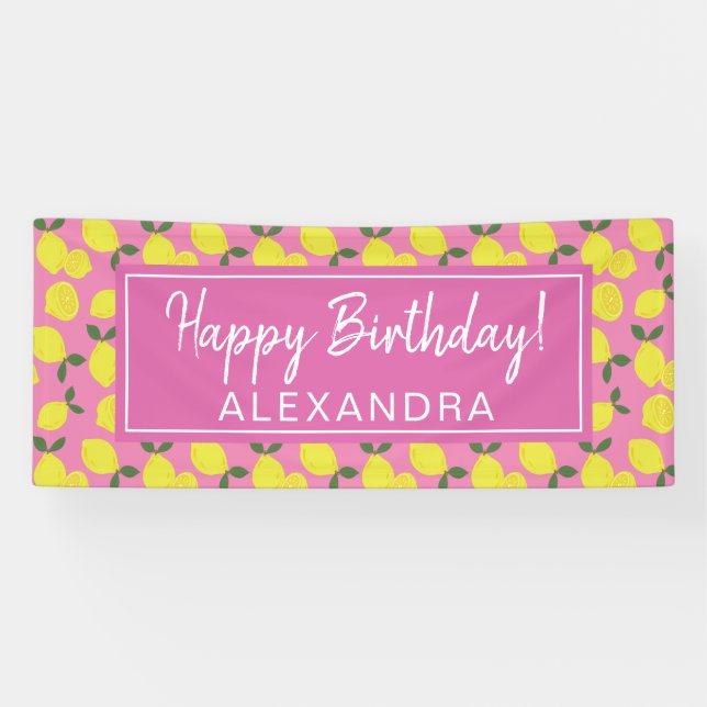 Elegant Pink and Yellow Lemon Party Happy Birthday Banner (Horizontal)