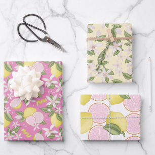 Elegant Pink and Yellow Lemon Pattern Birthday  Wrapping Paper Sheet