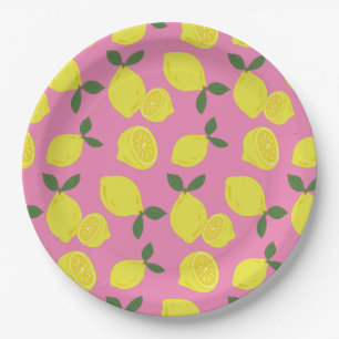 Elegant Pink and Yellow Lemon Pattern Paper Plate