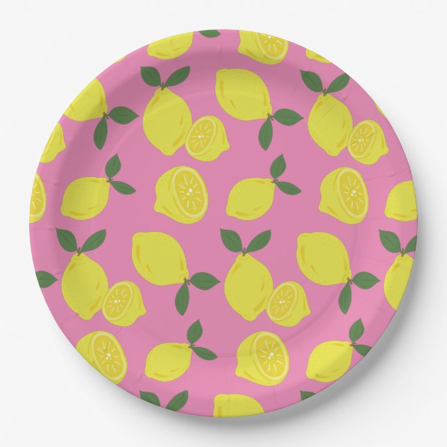 Elegant Pink and Yellow Lemon Pattern Paper Plate (Front)