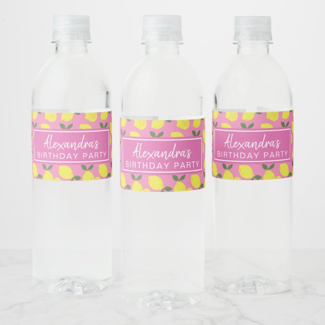 Elegant Pink and Yellow Lemon Pattern Water Bottle Label (Bottles)