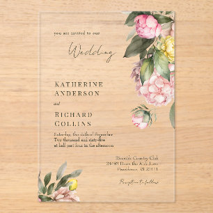 Elegant Pink and Yellow Peonies Wedding Acrylic Invitations
