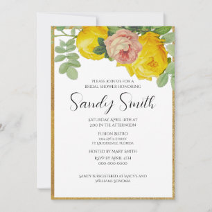 Elegant Pink and Yellow Roses Bridal Shower  Invitation
