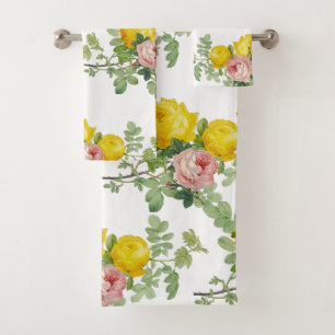 Elegant Pink and Yellow Roses Floral Bath Towel Set