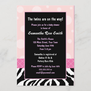 Elegant Pink and Zebra Girl Twins Baby Shower Invitation
