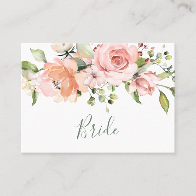 Elegant pink apricot roses Wedding Bride Place Card (Front)