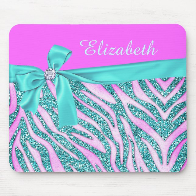 Elegant Pink Aqua Fake Glitter Zebra Bow Monogram Mouse Pad (Front)