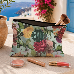 Elegant Pink Aqua Floral Pattern Monogram Accessory Pouch