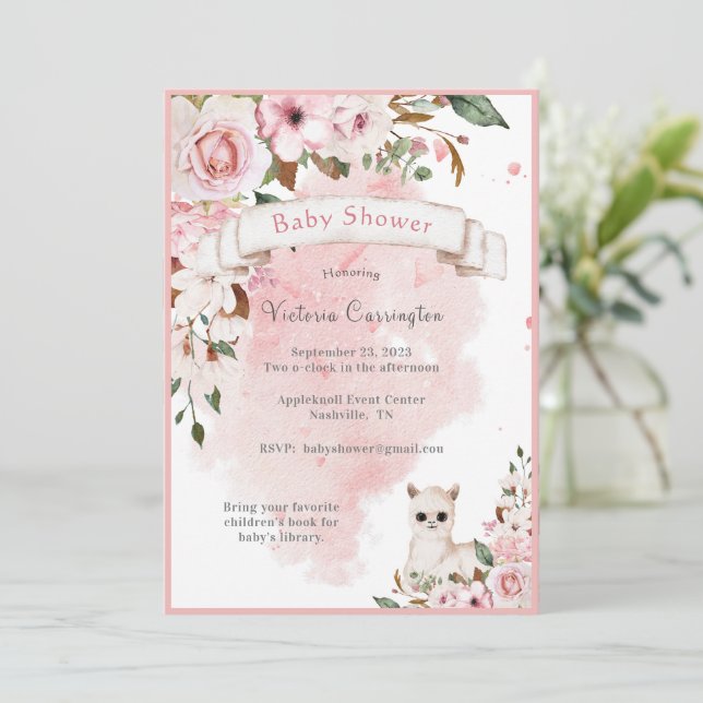 Elegant Pink Baby Girl Floral Script Baby Shower Invitation (Standing Front)