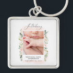 elegant pink baby girl photo announcement keychain<br><div class="desc">Introducing photo blush pink floral birth announcement. Beautiful watercolour floral and elegant script text. Part of a collection.</div>