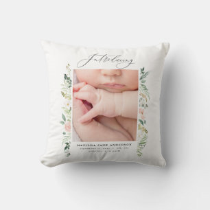 elegant pink baby girl photo announcement throw pillow