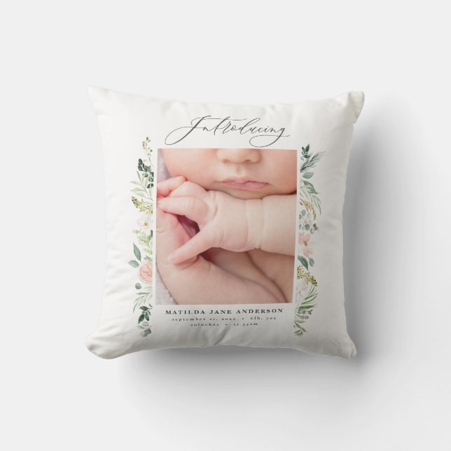 elegant pink baby girl photo announcement throw pillow (Front)