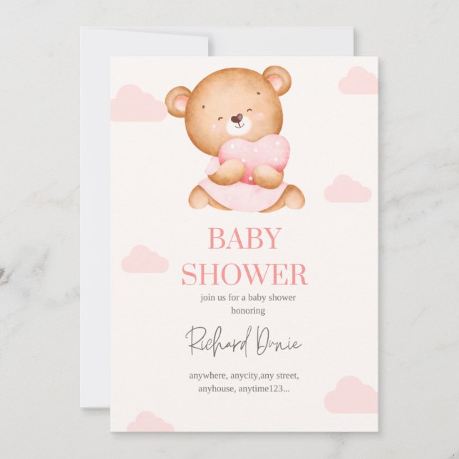 elegant pink baby girl shower invitation bear (Front)