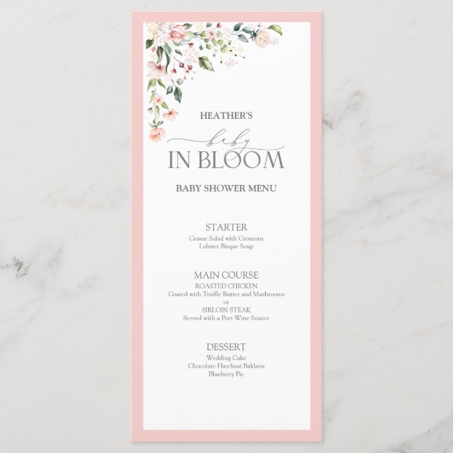 Elegant Pink Baby in Bloom Script Girl Baby Shower Menu (Front)