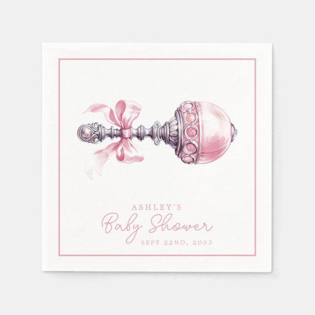 Elegant Pink Baby Rattle Girl Baby Shower Napkin (Front)