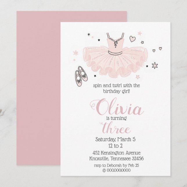 Elegant Pink Ballerina Birthday Invitation (Front/Back)