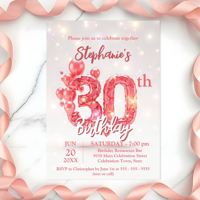 Elegant Pink Balloons 30th Birthday Celebration Invitation (Creator Uploaded)