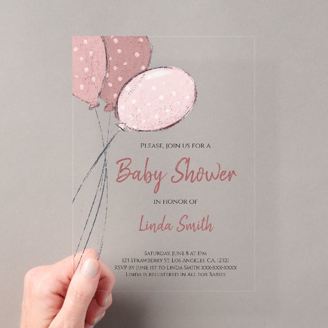 Elegant Pink Balloons Girl Baby Shower Acrylic Invitations (Insitu (Handheld))