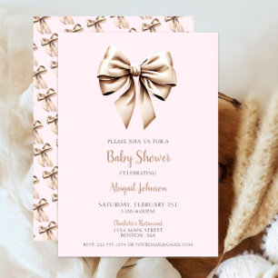 Elegant Pink Beige Coquette Bow Baby Shower Invitation