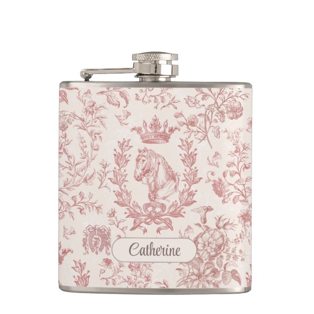 Elegant Pink Beige Equestrian Floral Toile Name Hip Flask (Front)