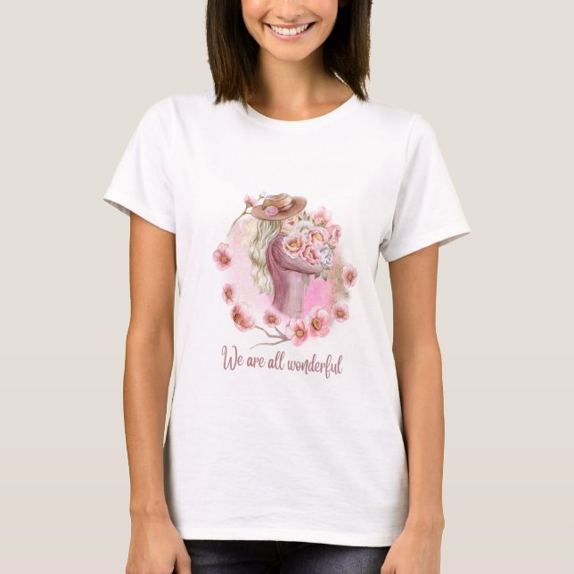 Elegant Pink Beige Watercolor White T-Shirt  (Front)
